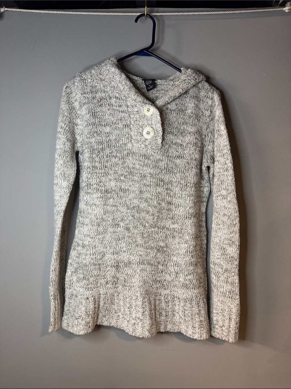 Rue21 Light Gray Marled Knit Hooded Sweater with Button Placket